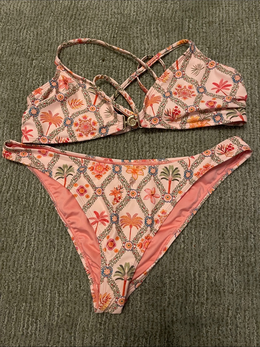 Pink Floral Pattern Strappy Bikini Set